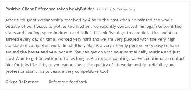 A positive review reference feedback from a customer, of Alan Bohan Painting - Painter and Decorator Nottingham