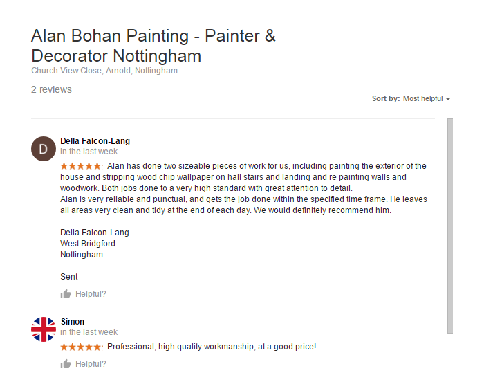 Positive 5 Star Rating - Google My Business Reviews for Alan Bohan Painting - Painter and Decorator Nottingham
